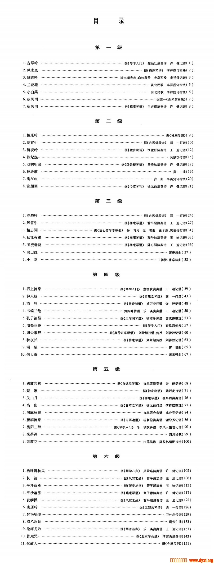 《古琴曲集》第一册：1-6级目录（古琴考级书）.jpg